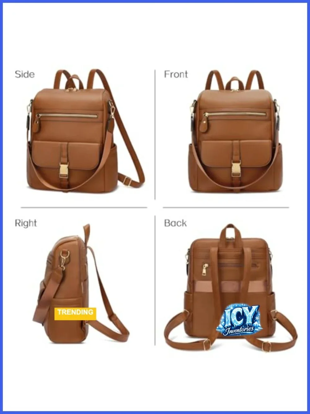 Women's Multi-Pocket Travel Backpack, PU Leather, Adjustable Strap, Anti-Theft